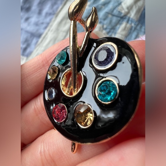 Artistic Palette Brooch Black Gold with Colorful Gems Artist Jewelry Gift - Picture 4 of 5